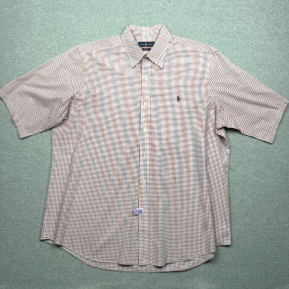 Ralph Lauren Mens XL Short Sleeve Button Down Shirt Red Blue Tattersall Cotton